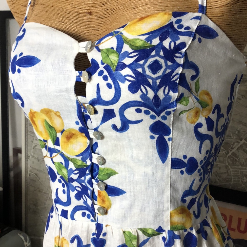 Mogador Ana Capri  Linen White Lemon-Print Midi Dress Size S - Picture 3 of 11